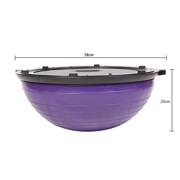 Purple balance hemisphere ball with black platform top, dimension lines showing 58cm diameter and 25cm height