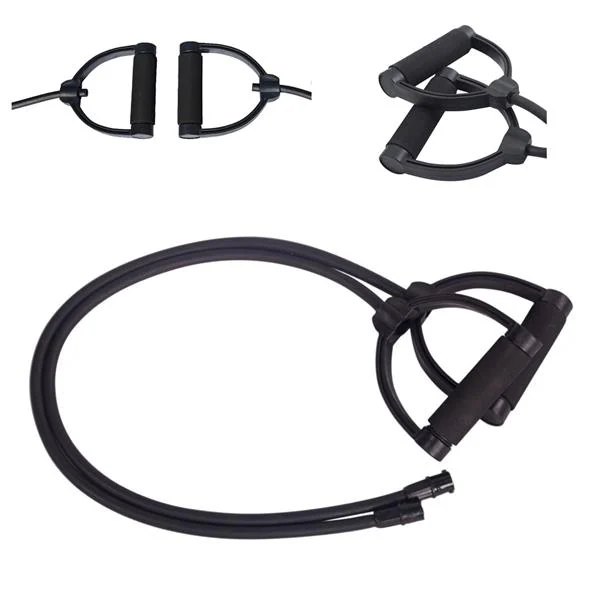 Black resistance band tube with foam grip handles and D-ring attachments shown from multiple angles on white background
