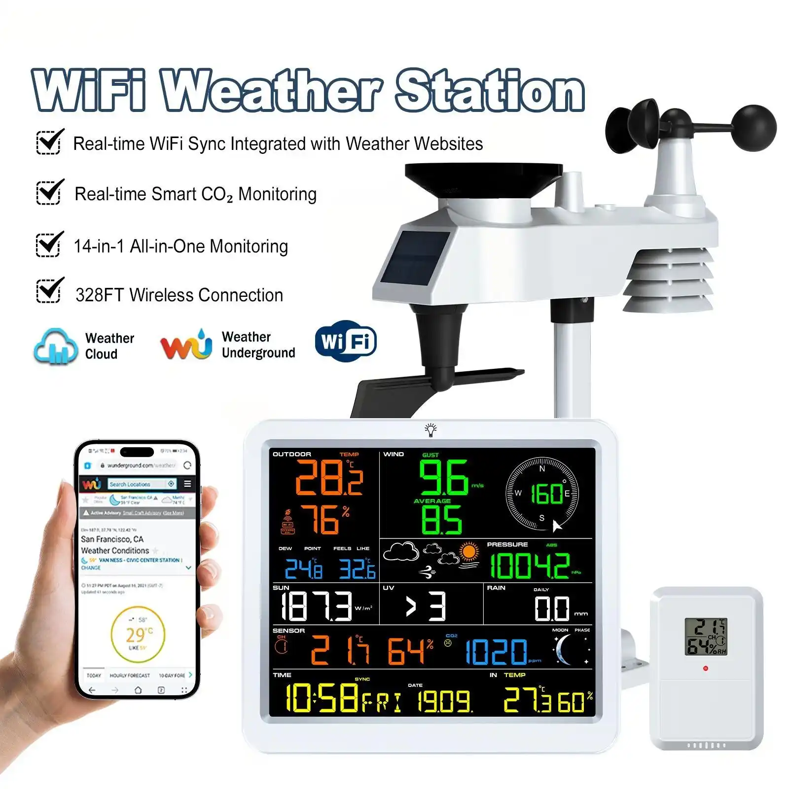 FT0390 WIFI Large Screen Professional Weather Station with CO2 - view 2