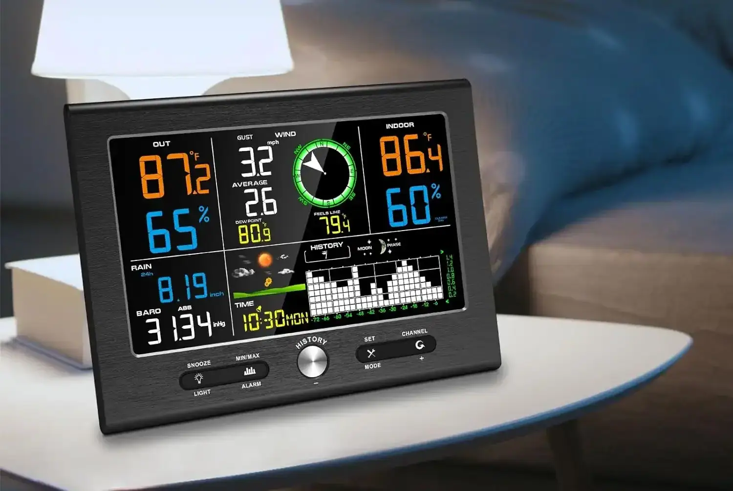 UCTECH colour weather station console showing outdoor and indoor readings