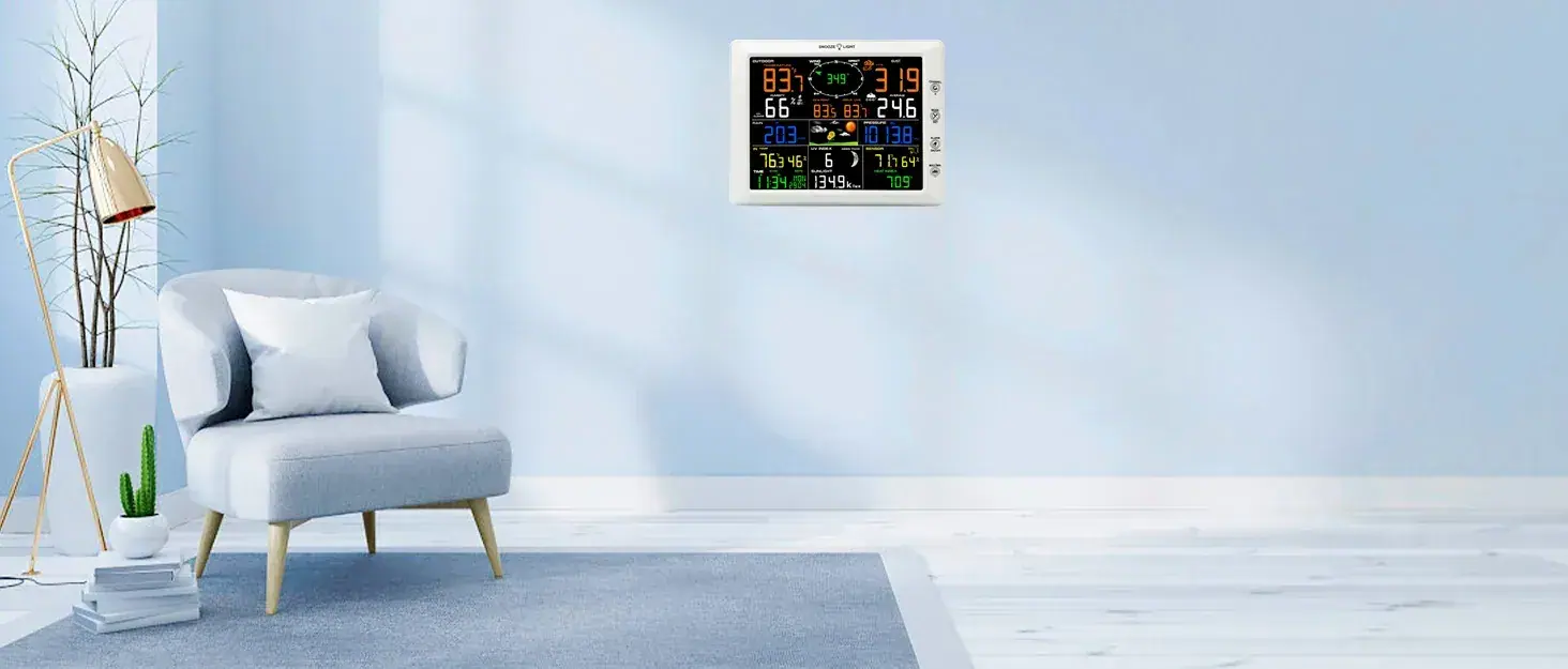 UCTECH weather station console wall-mounted in a living room