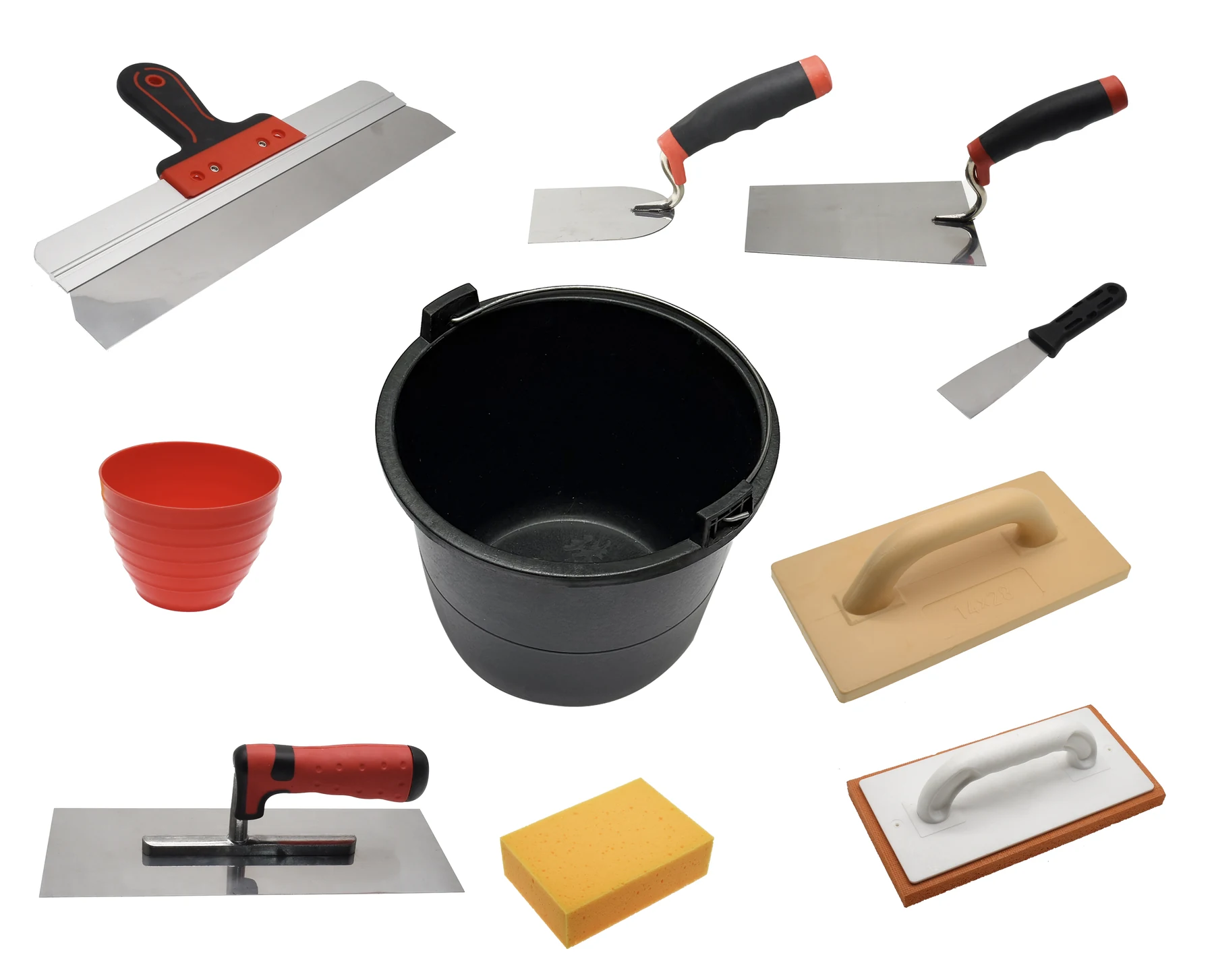 Complete 10 piece plastering tools set with trowels floats bucket and sponge