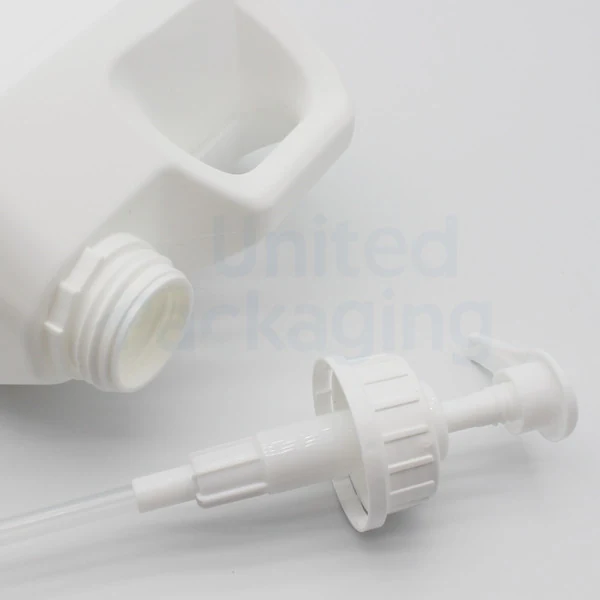 Dosage pump close-up on an HDPE plastic jerry can