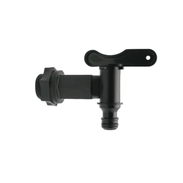 Plastic water butt tap with hose connector in 3/4 inch BSP