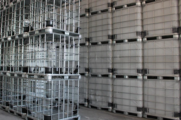 IBC containers stored in a warehouse for chemical distribution