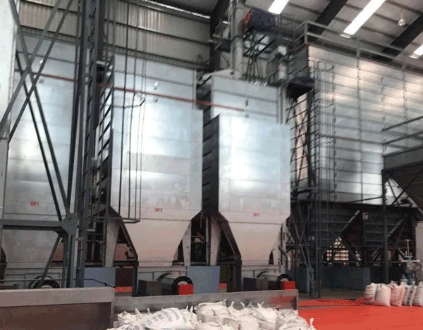 Interior of a production plant with material silos and blending equipment