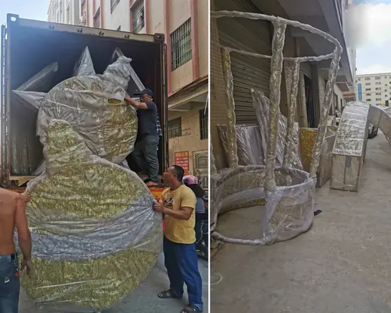 Sculpture sections packed and protected for shipping, alongside the frames they were built from.