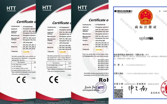 CE and RoHS certificates and the registered uplumin trademark certificate
