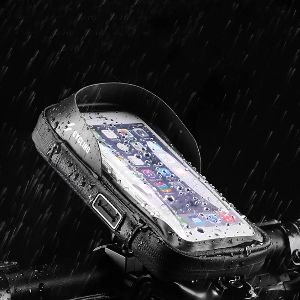 Waterproof bicycle phone bag mounted on a handlebar in heavy rain