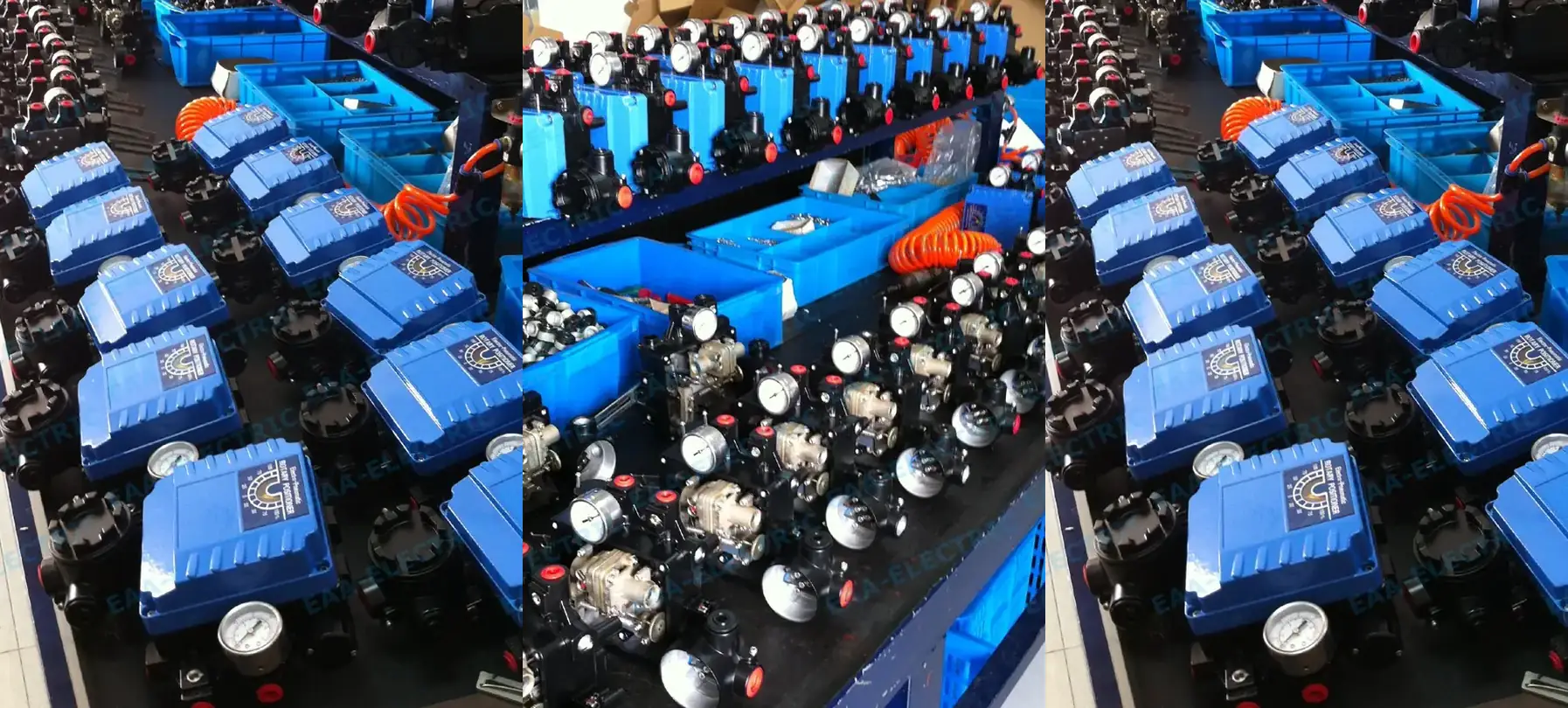 Blue YT1000 positioner batch in production before packing