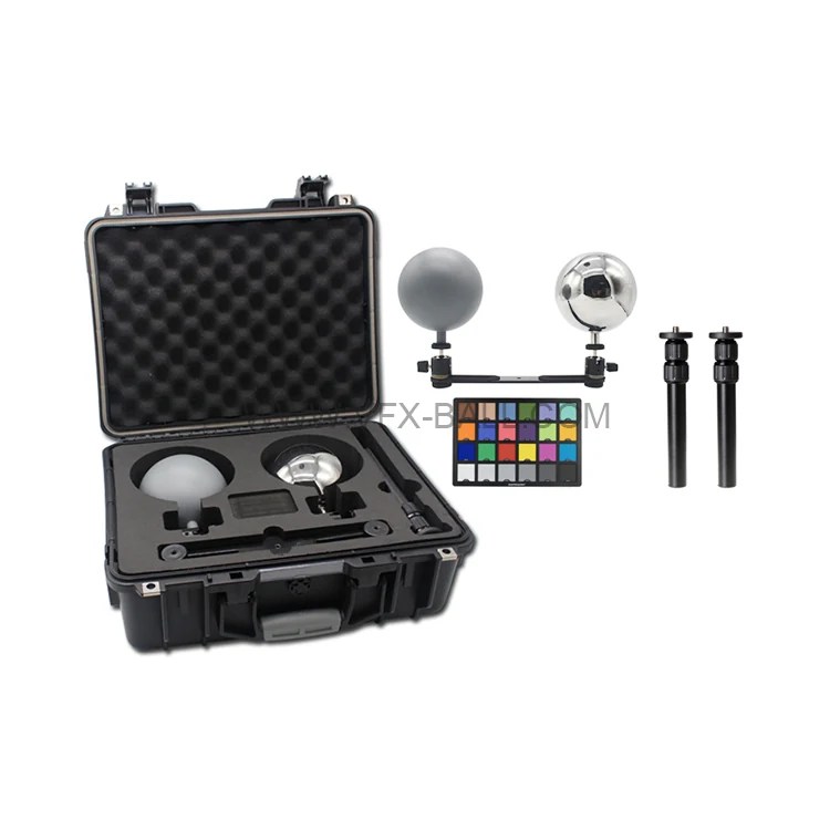 12.6cm VFX HDRI chrome and grey balls in an open case with a colour chart