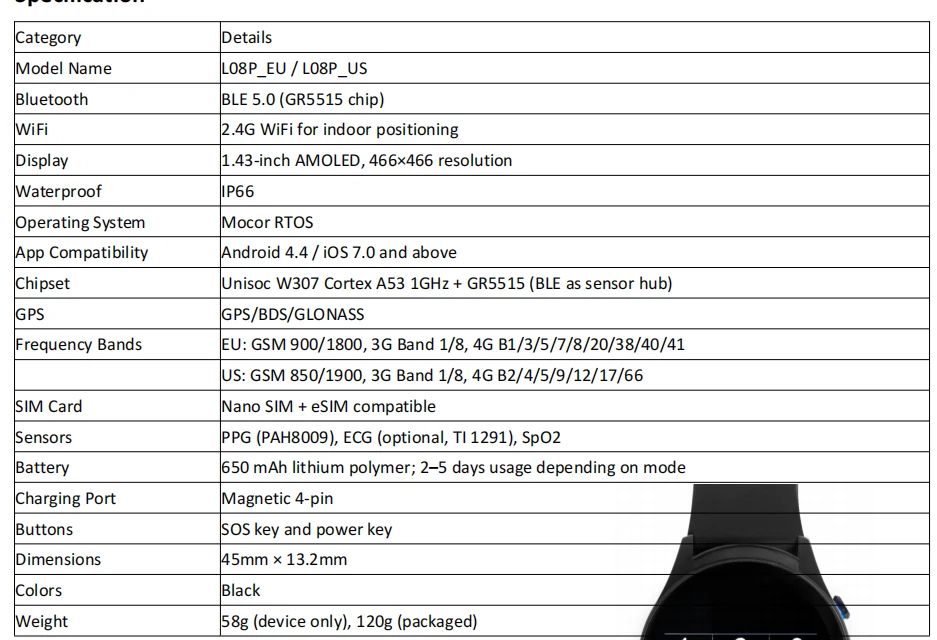 L08P GPS watch shown from the rear with the sensor window