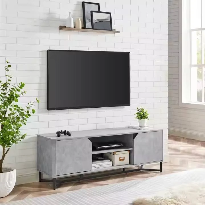 A 2-layer Open Cabinet with a Modern Minimalist Basalt Partition and 2 Closed Cabinets with Steel TV Stands