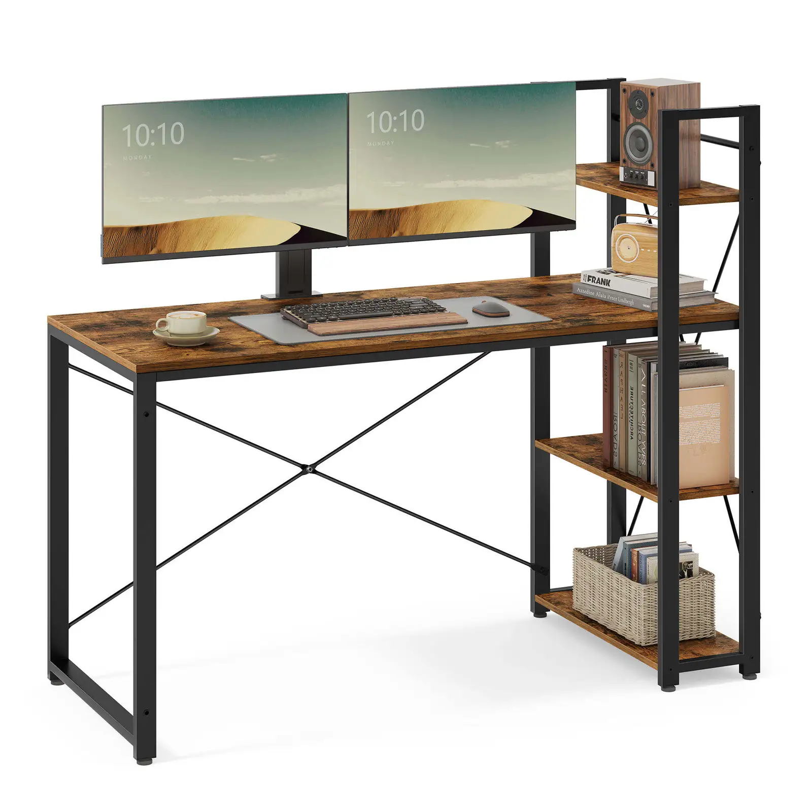 An Office Desk with Shelves on the Right or Left Side of the Industrial Design Computer Table Featuring a Bookcase