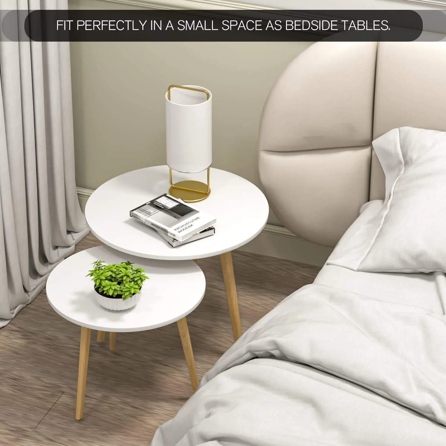 Contemporary Round Nesting Coffee Table Bent Black Gold Metal Side Glass Marble Stone Mdf Wood Nest of 2 Table Set Nes…
