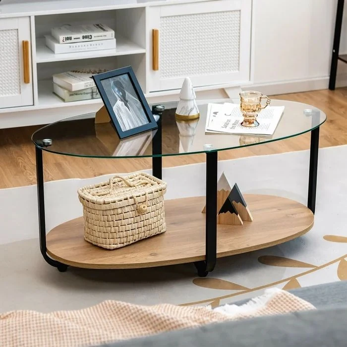Hanshaw 2 Layers Storage Coffee Tables of Living Room Glass Coffee Table Furniture