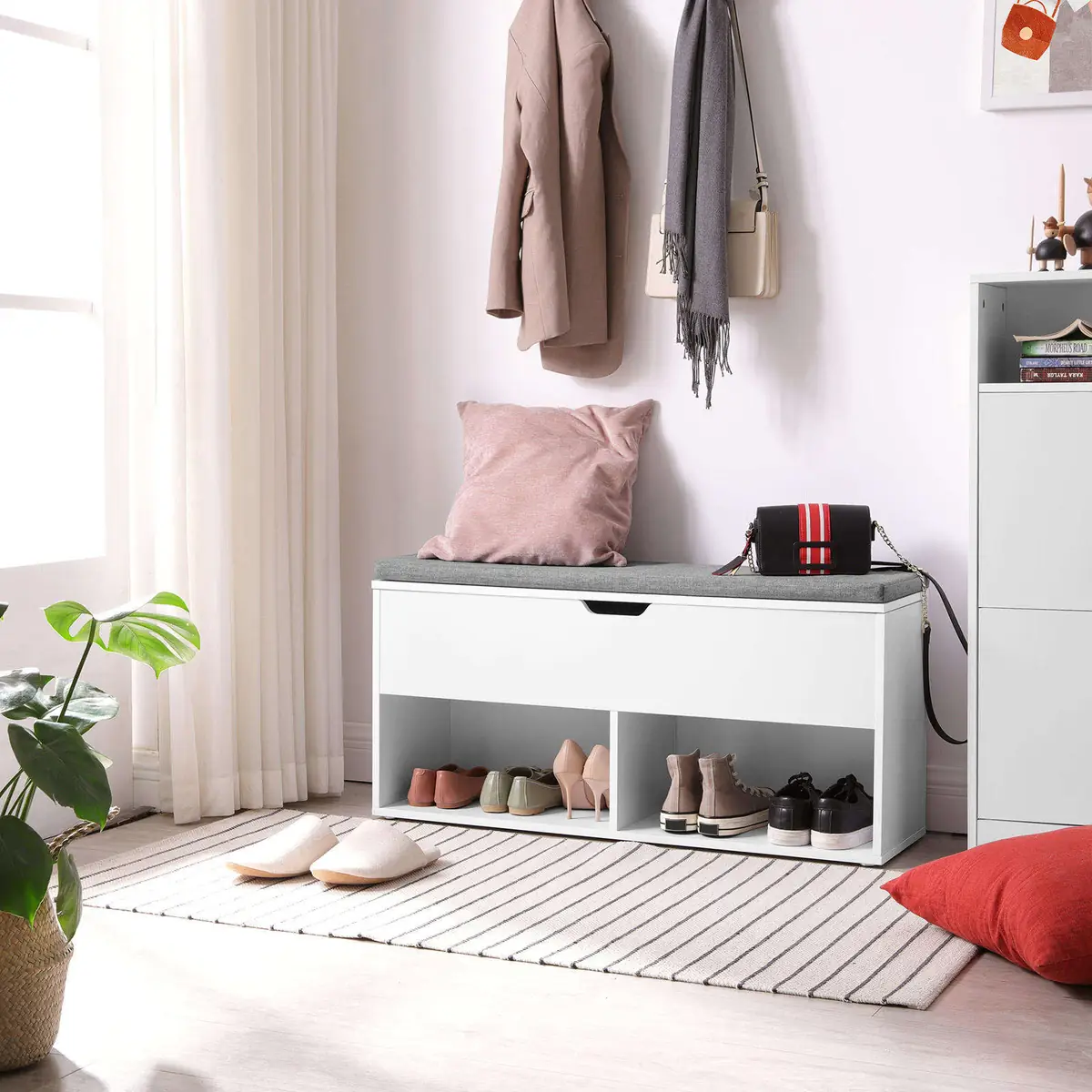 Household Simple Wooden Door Shoe Rack with Fabric Sponge Pad, Integrated Shoe Storage Rack for Seats and Stools