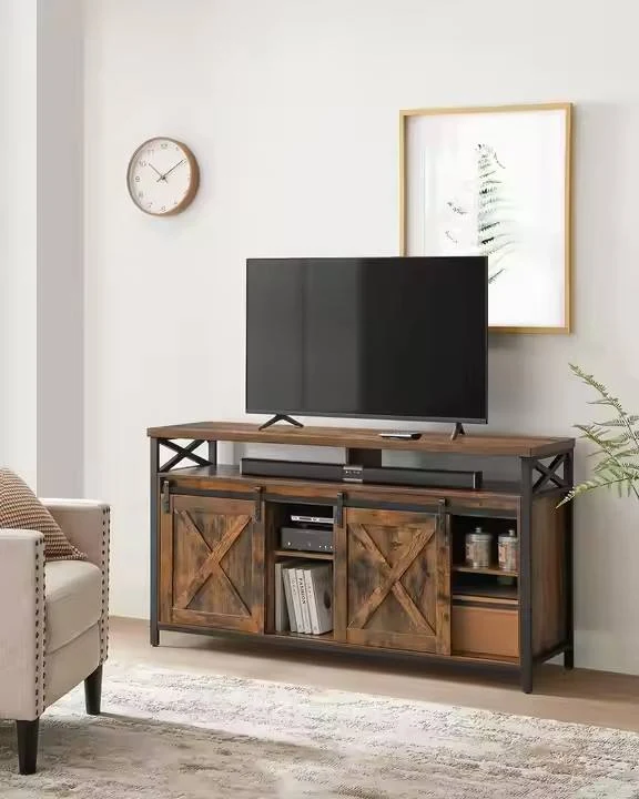 Industrial-style Wooden Retro TV Table with Adjustable Shelves and Barn-style Doors