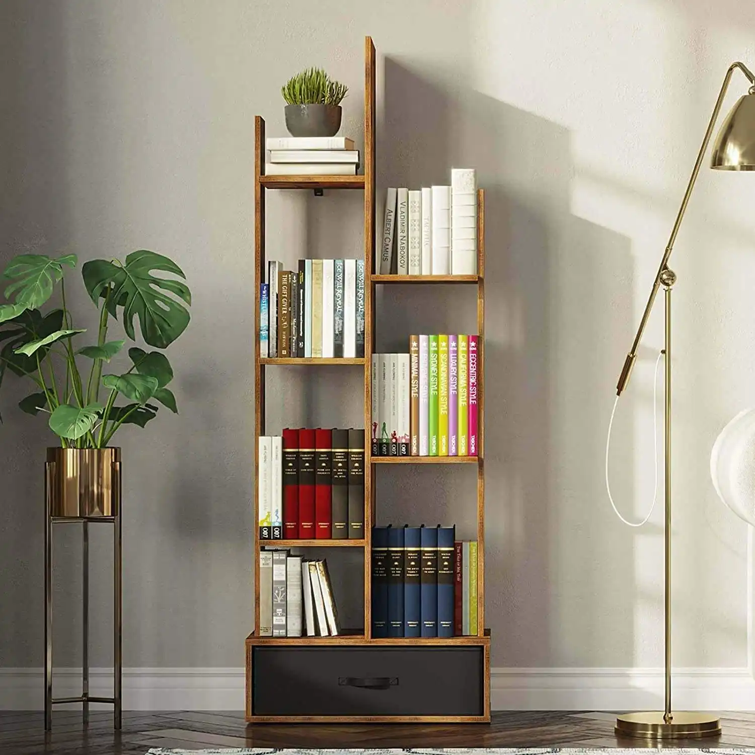 Industrial Vintage Bookshelf Floating Book Shelf With 2 Drawers Free Standing Bookcase, Library Wood Bookcase for Livi…