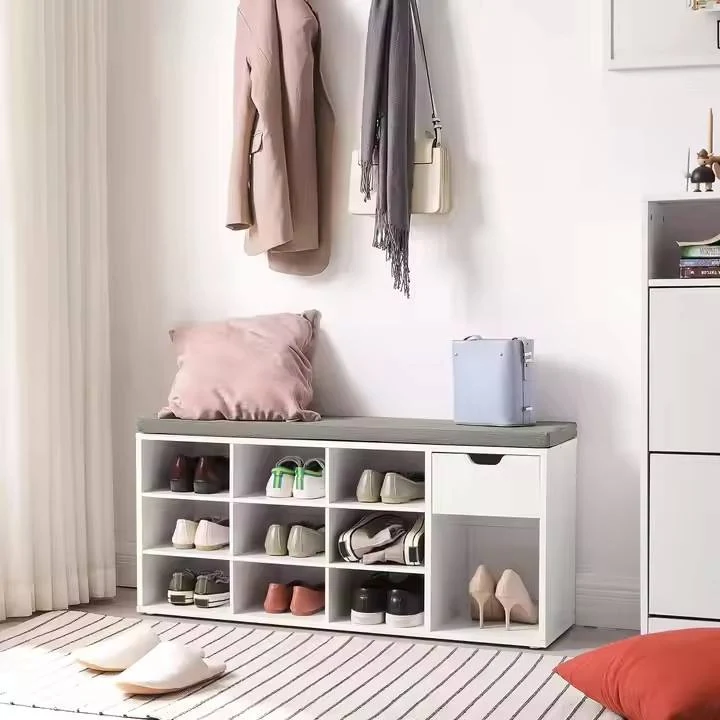 Modern and Simple Shoe Cabinet with Bench Cushions and Open Compartments with Drawer Storage
