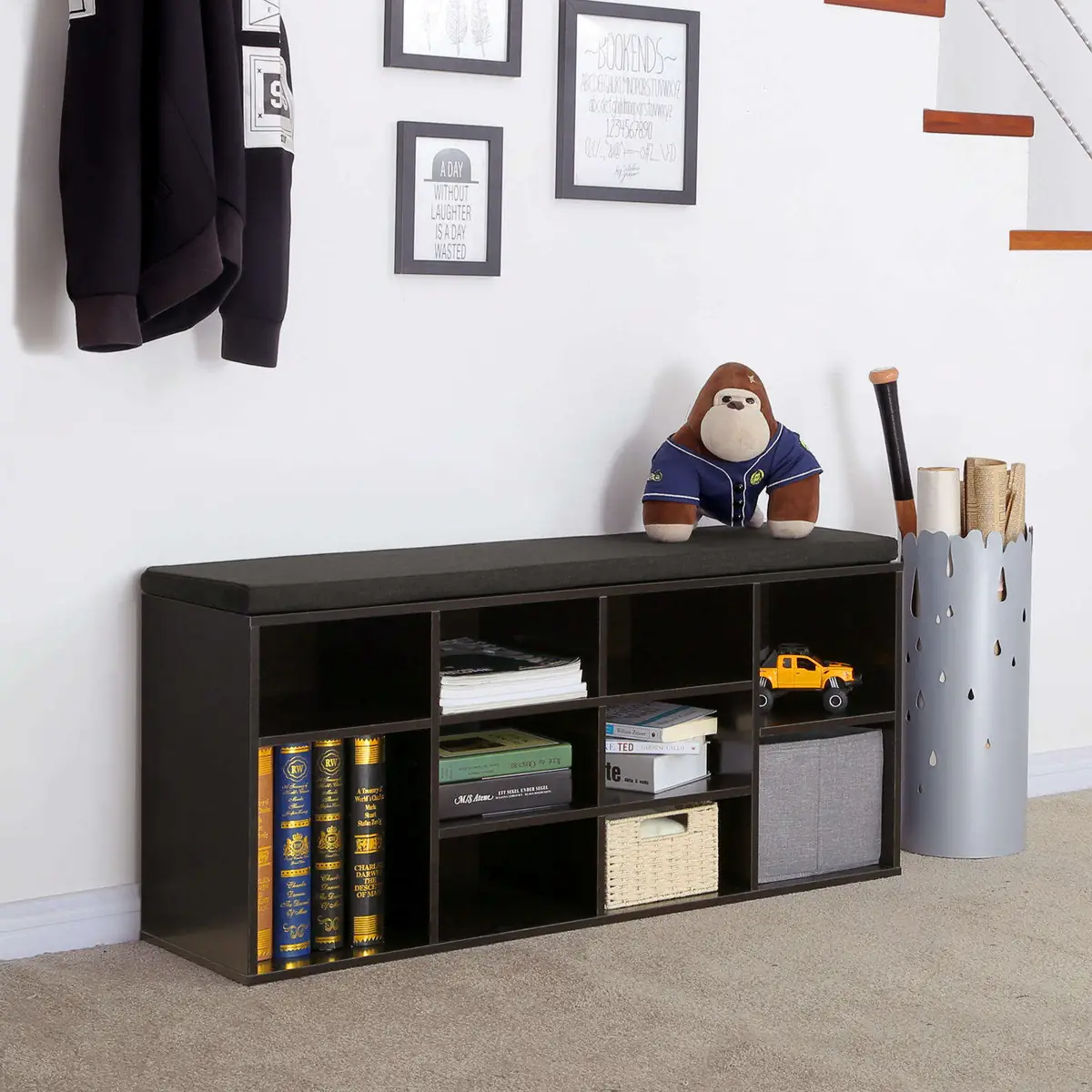 Modern House Wooden Door Shoe Rack with Linen Sponge Pad, Integrated Shoe Storage Rack for Seats and Stools
