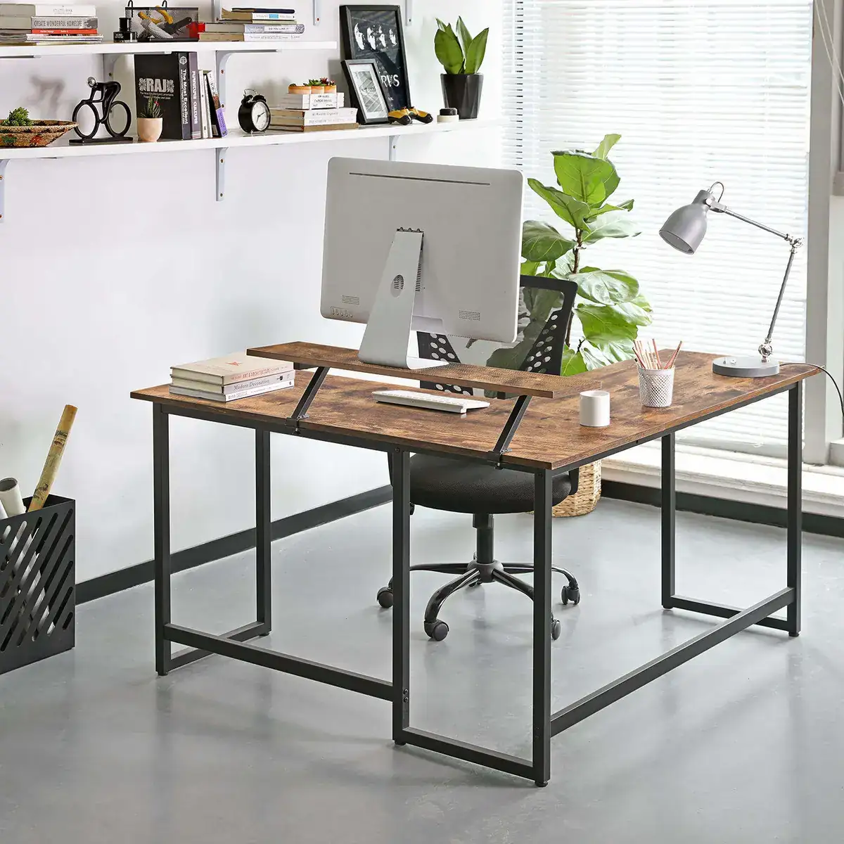 Modern Living Room and Bedroom Easy to Assemble L-shaped Computer Desks with Screen Stands to Save Space