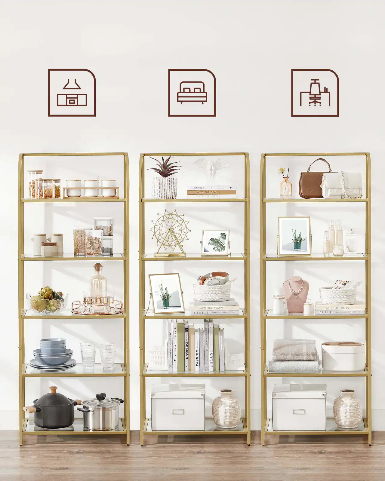 Modern Minimalist Living Room, Study, Bedroom, Large Capacity, Golden Painted Iron Pipe, 5-layer Glass Frame