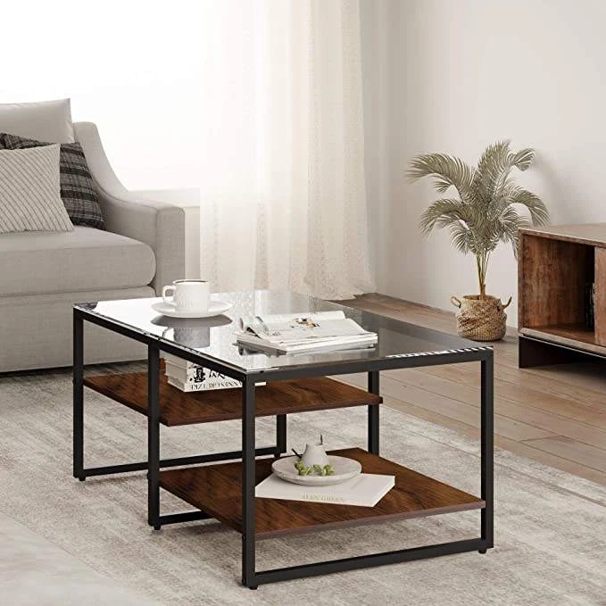 New Design Manufacturer Wholesale Glass Top Coffee Table With Wooden Tray