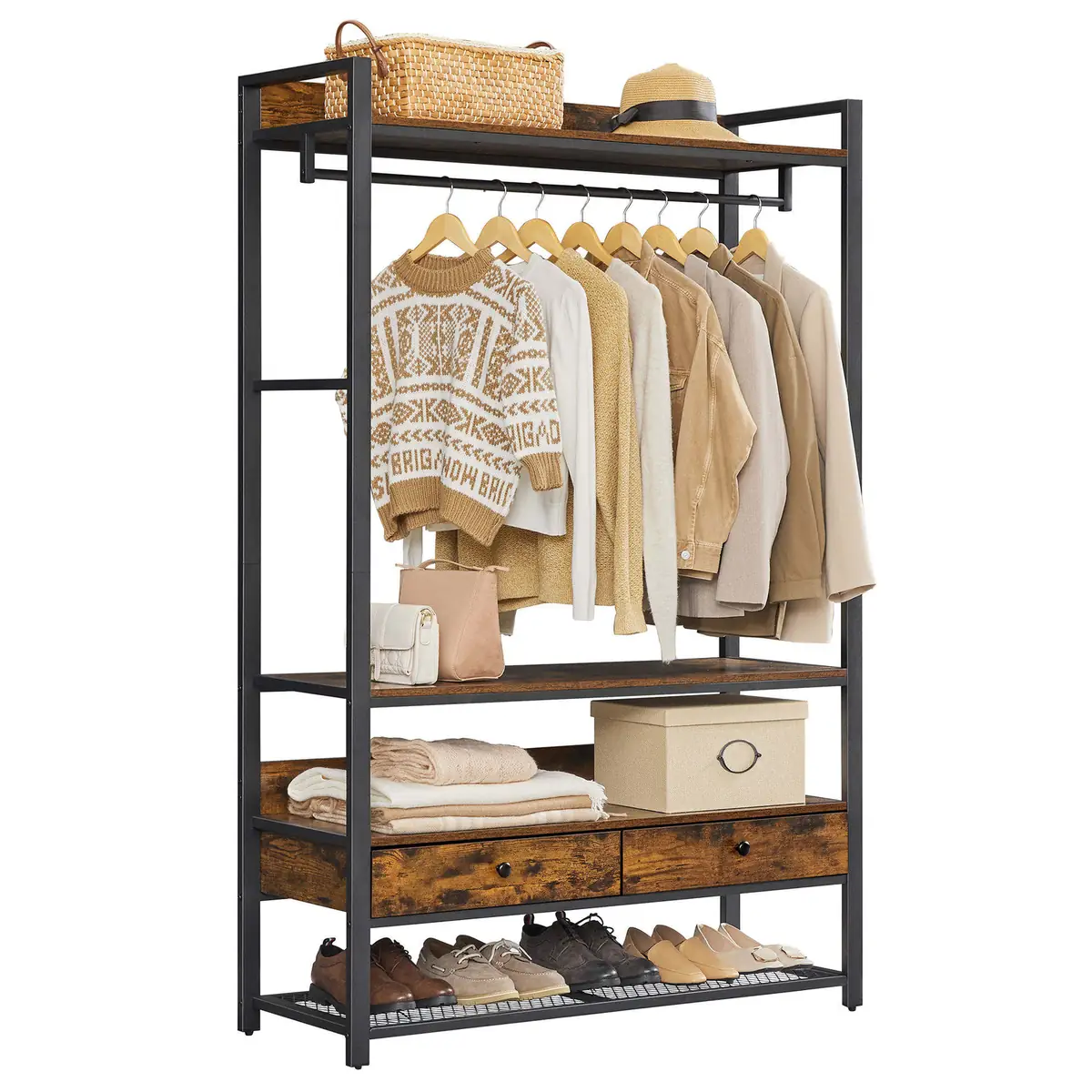 Retro Brown Wardrobe Organizer with Drawers and Shelves, Standalone Wall-mounted Wardrobe Storage Unit, Metal Wardrobe