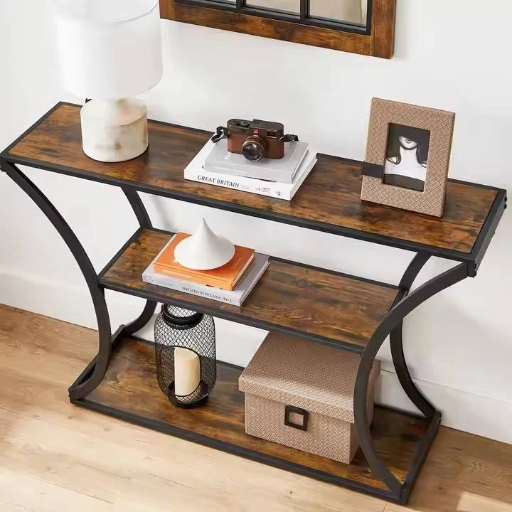 Retro Industrial Baroque Style 3 Grid Wooden Top Steel Leg Entrance Bedroom Console Table