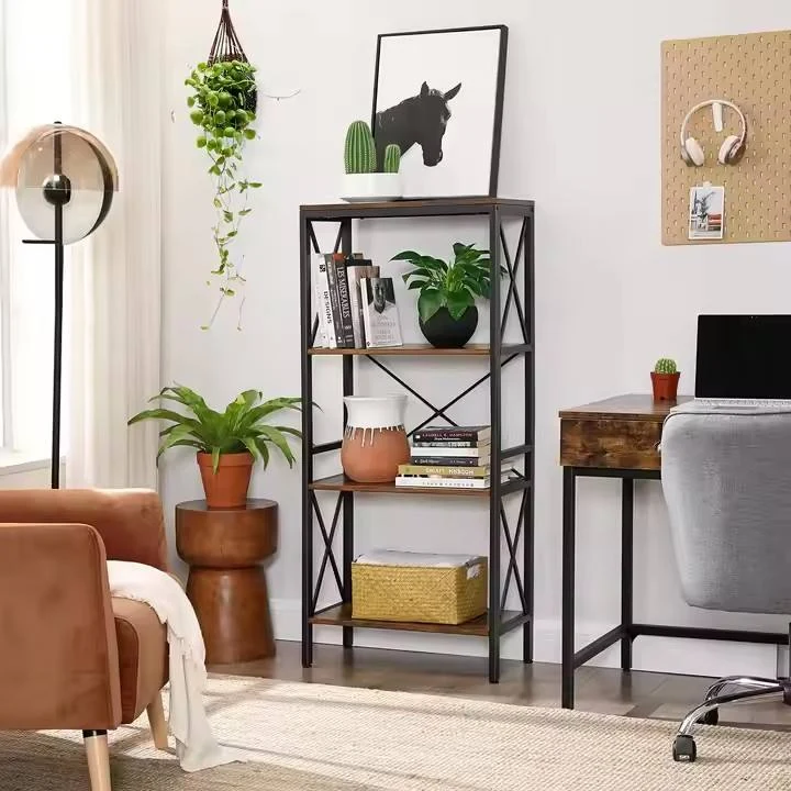 Retro Industrial Kitchen and Living Room Four-layer Wooden and Metal Material Independent Bookshelf Display Stand Book…