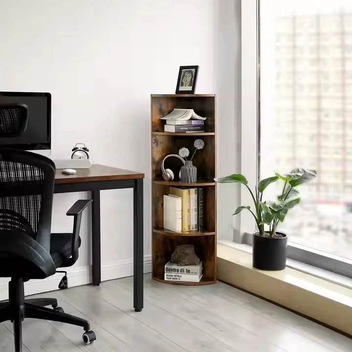 Retro Wooden Corner Bookcase with Simple 4-layer Shelving Storage Rack