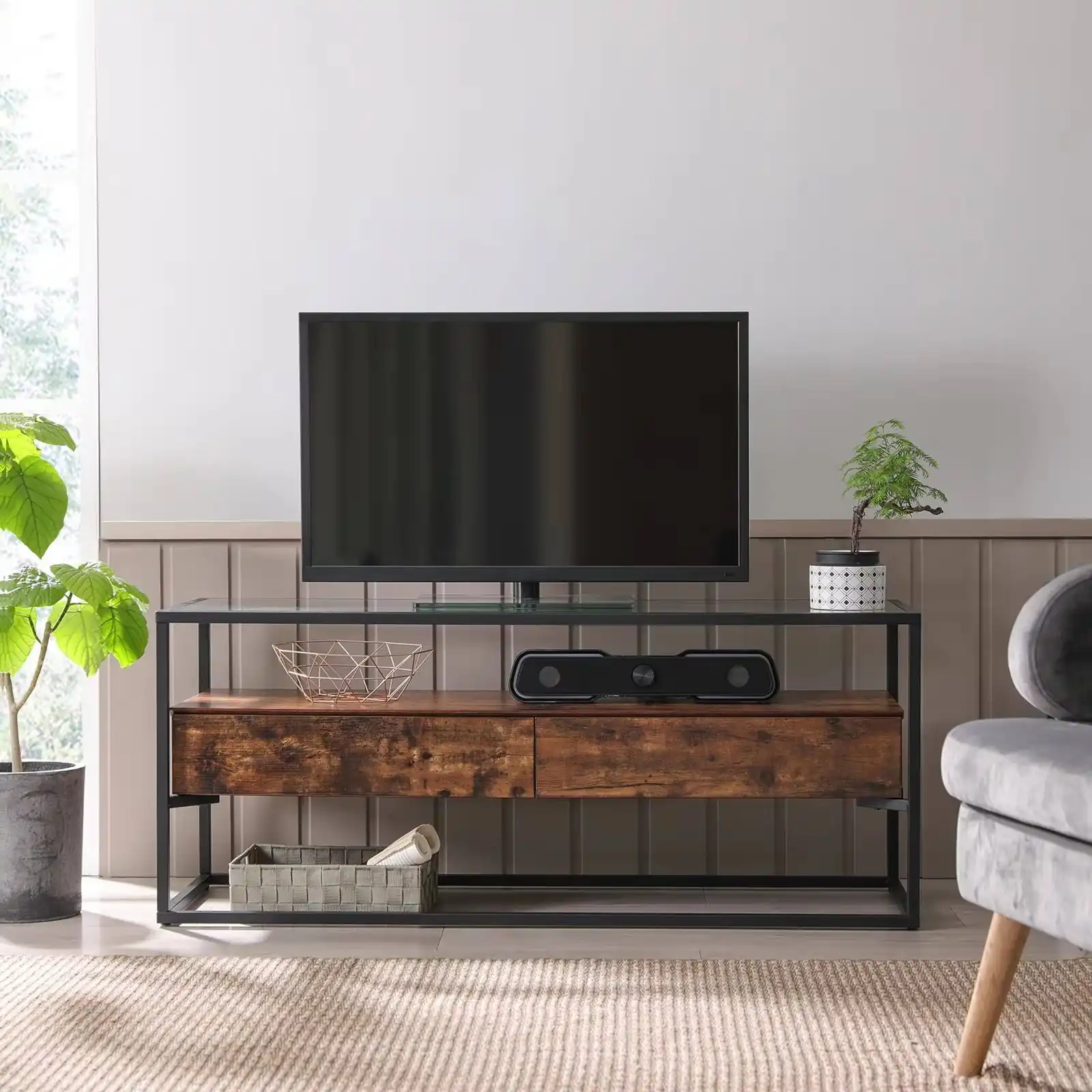 The Unique Industrial Style Black-framed Glass-top Wooden TV Cabinet in the Living