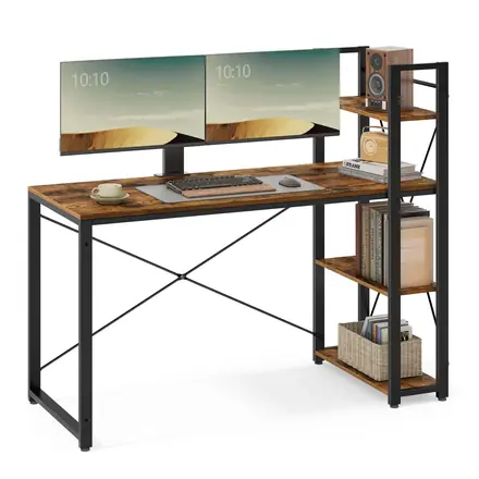 An Office Desk with Shelves on the Right or Left Side of the Industrial Design Computer Table Featuring a Bookcase