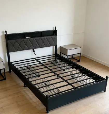 Black Upholstered Bed with Storage Function