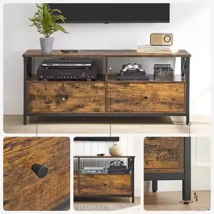 Living Room Bedroom Vintage Metal Frame with 2 Drawers and 2 Open Shelves TV Cabinet