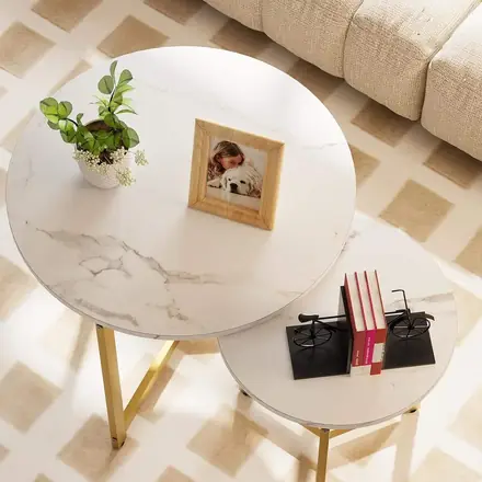 Luxury Design Nesting Gold Metal Side Glass Marble Mdf Wood Coffee Table Nest of 2 Round Table Set
