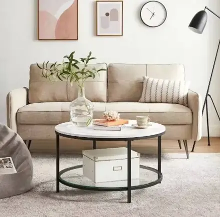 Modern Living Room 2-layer White Artificial Marble Base, Tempered Glass Storage Shelf, Coffee Table, and Desk