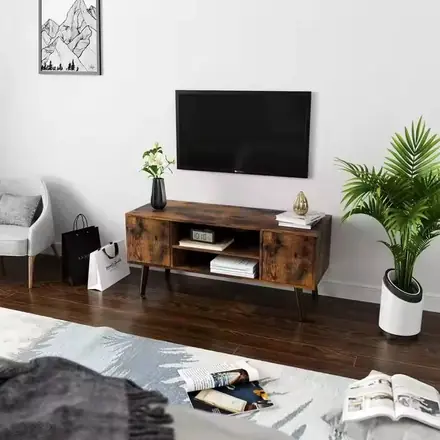 Retro New Design Living Room - Nordic Style Wooden TV Cabinet with Storage Shelves and 2 Cabinet Doors