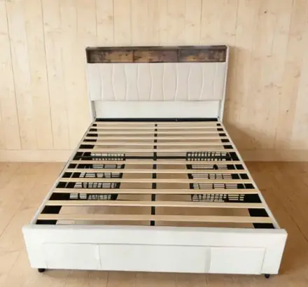 White Upholstered Bed with Storage Function
