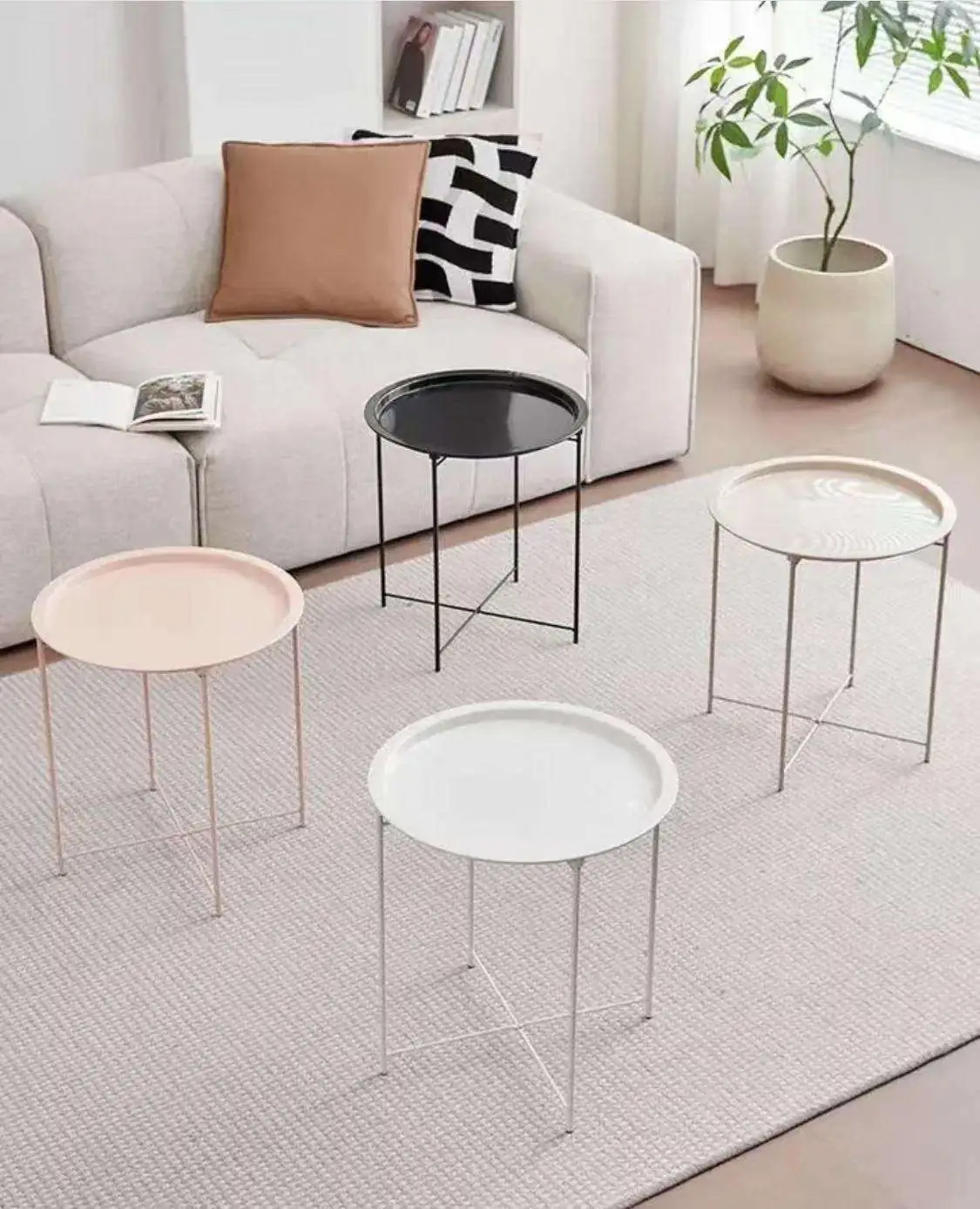 Vic Iron Tea Table Easy Folding Small Side Table Home Floor Standing Tea Rack Round Frame Small Round Table