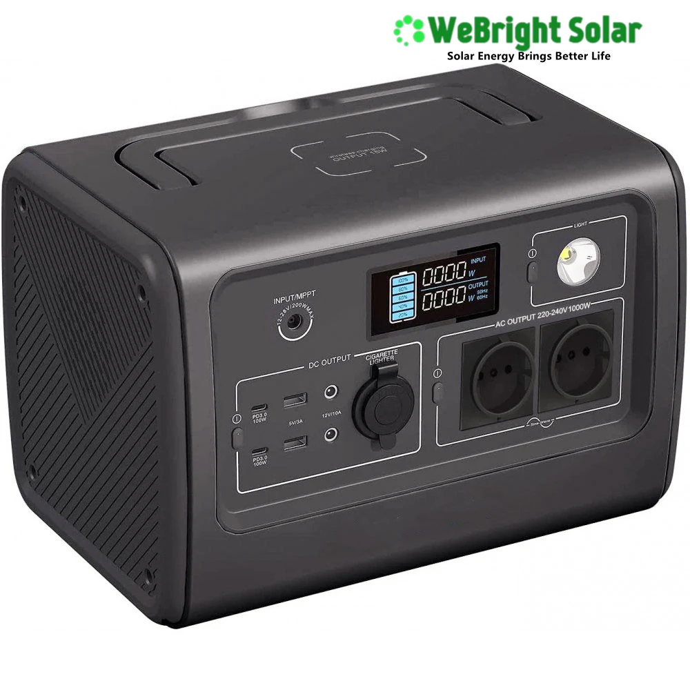 Black portable power station with digital display, AC outlets, and USB ports.