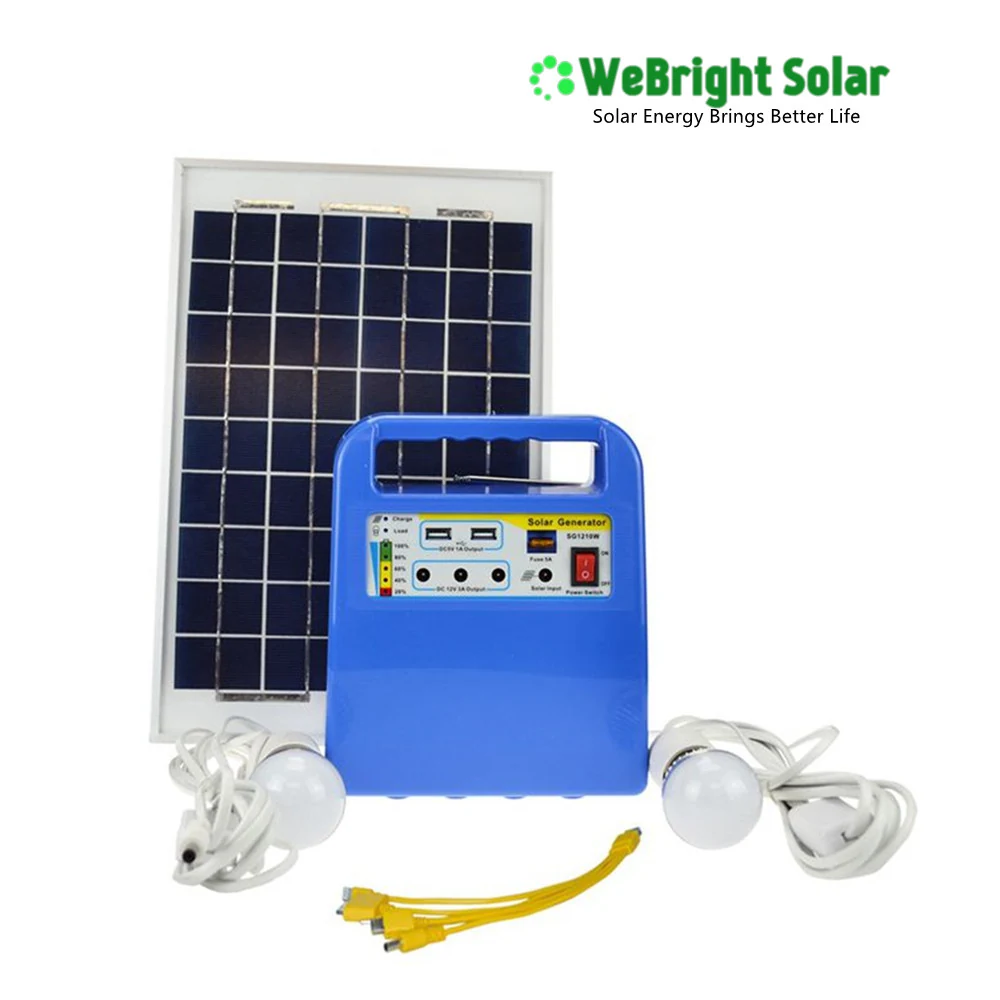 Blue portable solar generator kit with a panel, two light bulbs, and yellow cables on a white background.