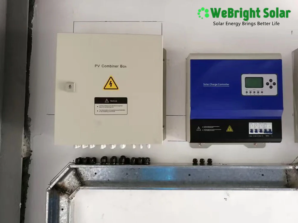 PV combiner box and solar charge controller mounted on a wall