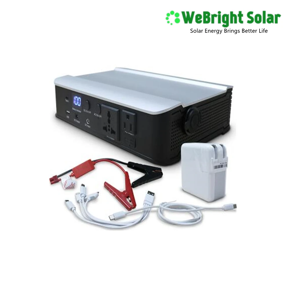 A portable power station with a digital display, accompanied by battery clamps, a multi-cable set, and a white adapter.