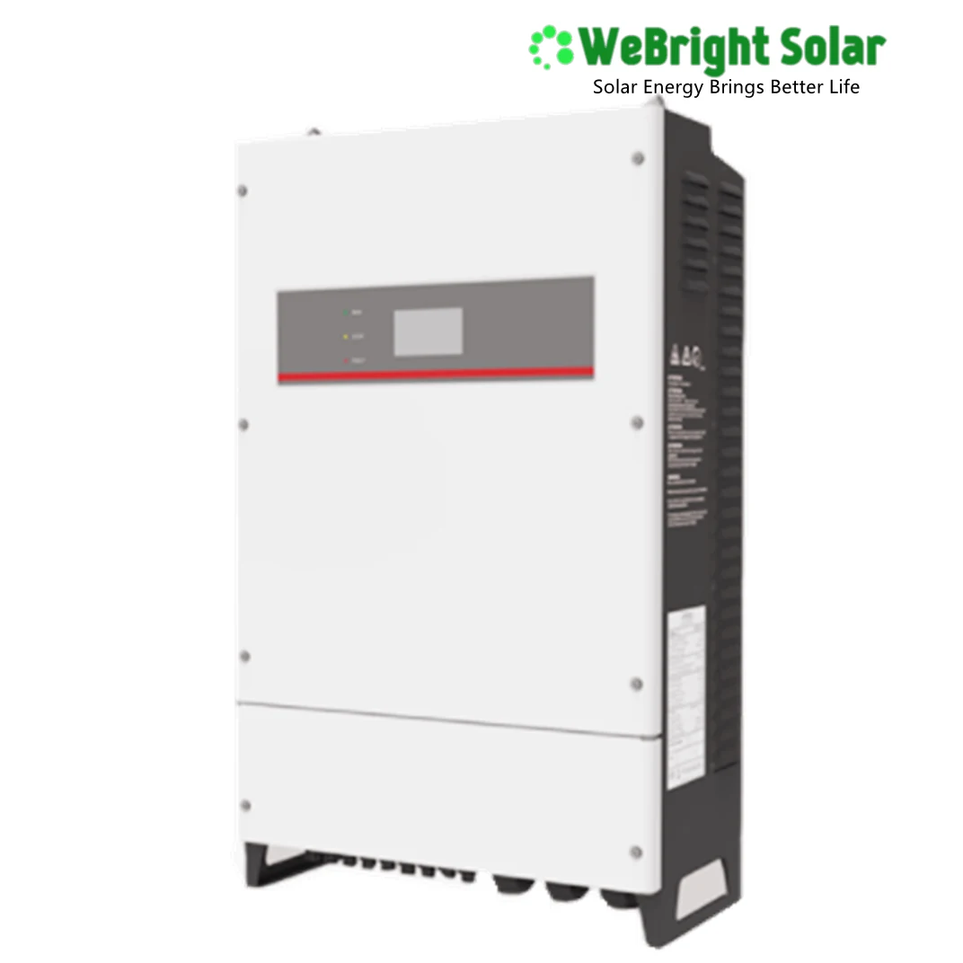 White solar inverter with grey display panel and side cooling vents.