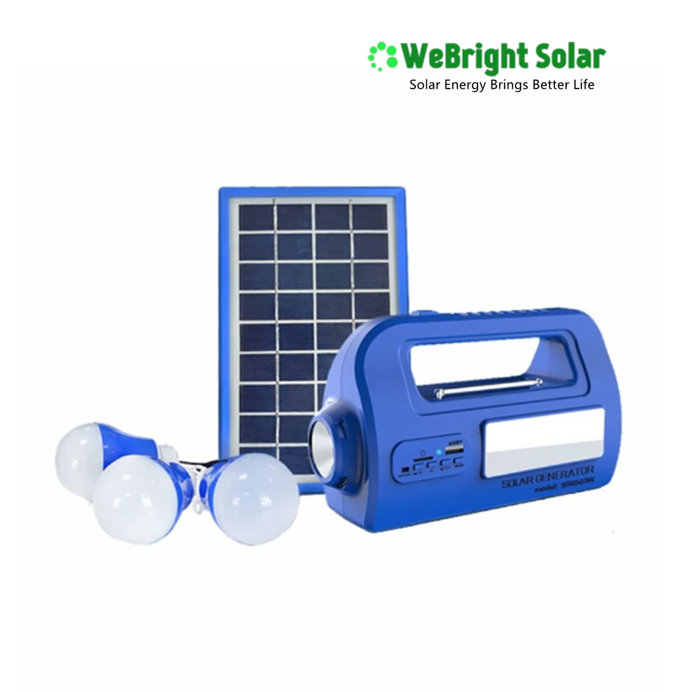 Blue solar power generator kit with a solar panel and two white light bulbs on a white background.