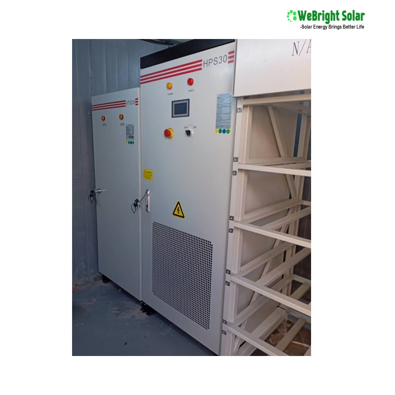 Large industrial cabinet with control panel and red buttons, positioned next to a metal rack frame.