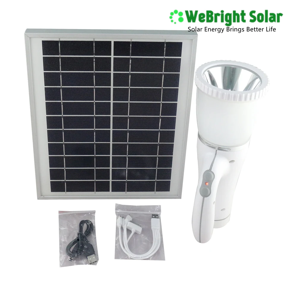A solar panel kit including a rechargeable handheld light, USB cable, and AC adapter.