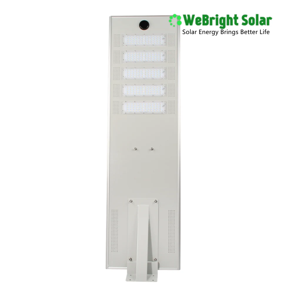 Rear view of a white solar LED street light with mounting bracket